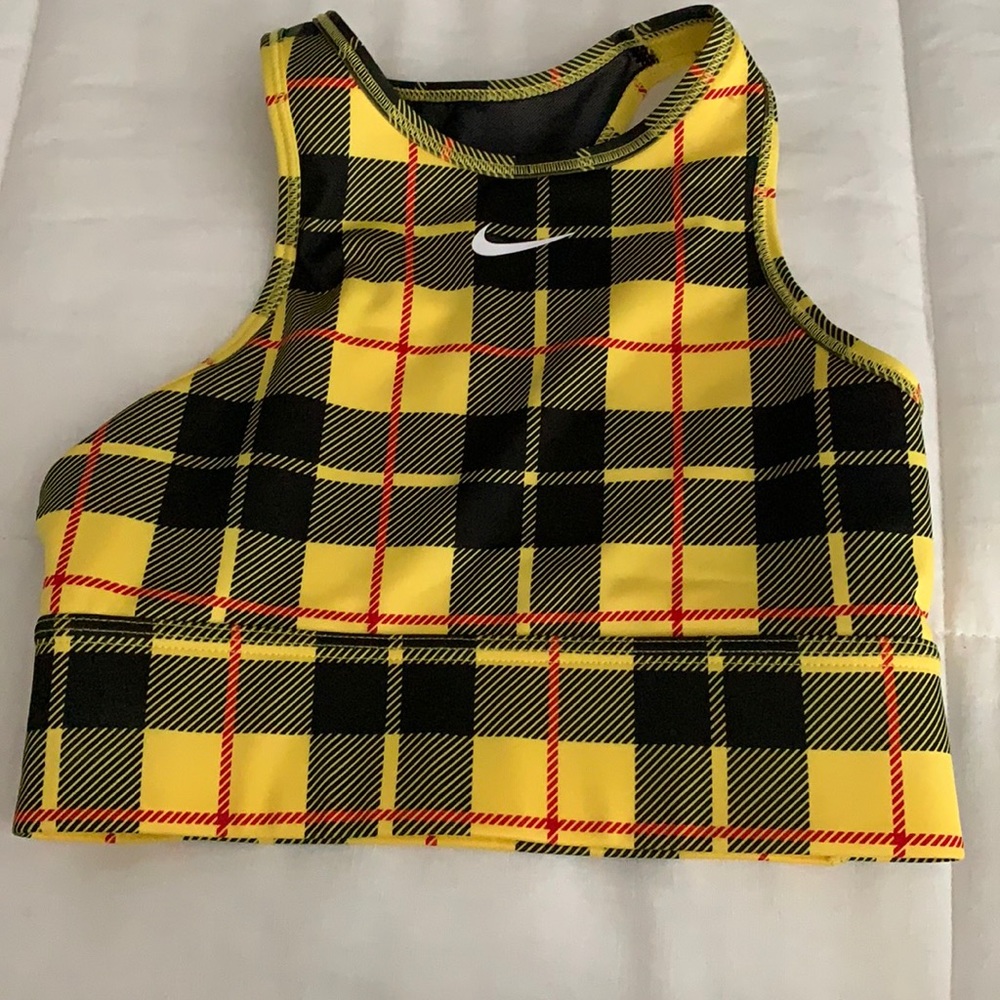 Nike women’s yellow and black plaid sports bra